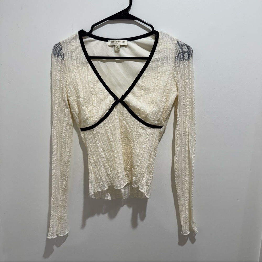 Thirty/Thirty XS Lace Long Sleeve Top‎ – Ivory Sheer Contrast Trim
